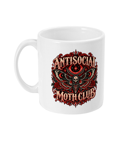 Antisocial Moth Club mug with red and ivory death-head moth artwork