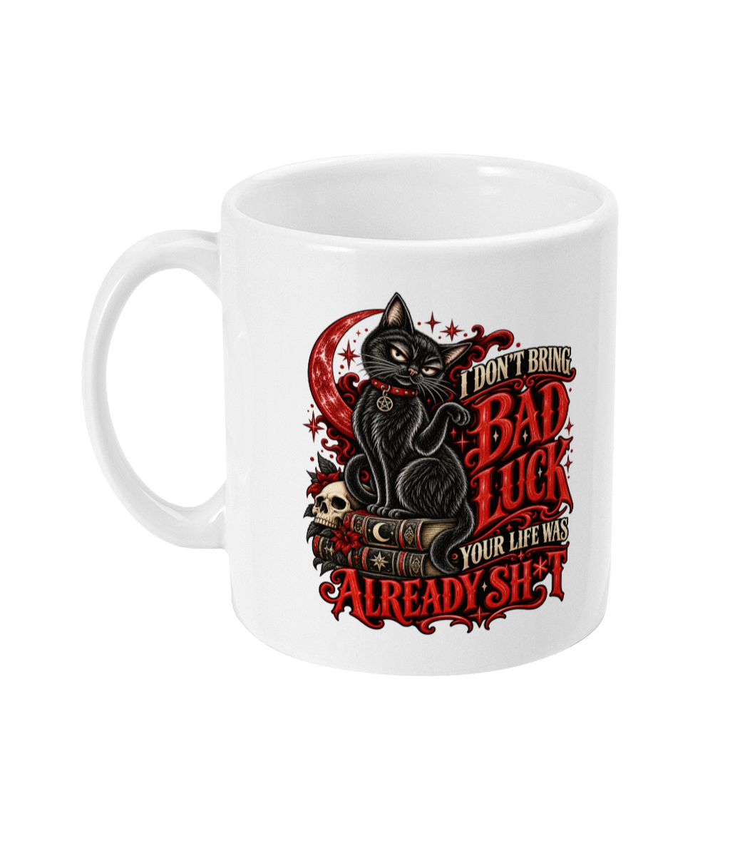 Black Cat Bad Luck mug with red moon and censored gothic quote