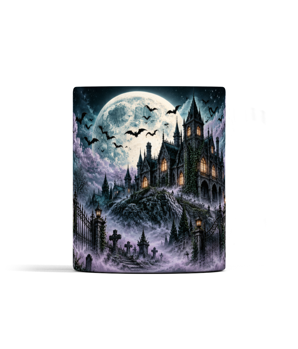 Haunted Manor mug centre view, handle behind mug