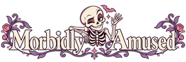 Morbidly Amused gothic logo with winking skeleton, purple foliage and pink roses