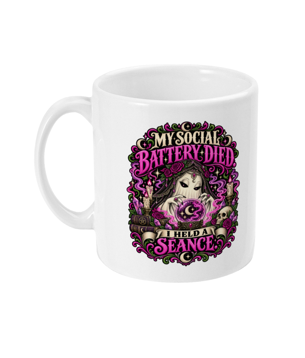 Social Battery Séance mug with ghost medium and pink, purple and green artwork