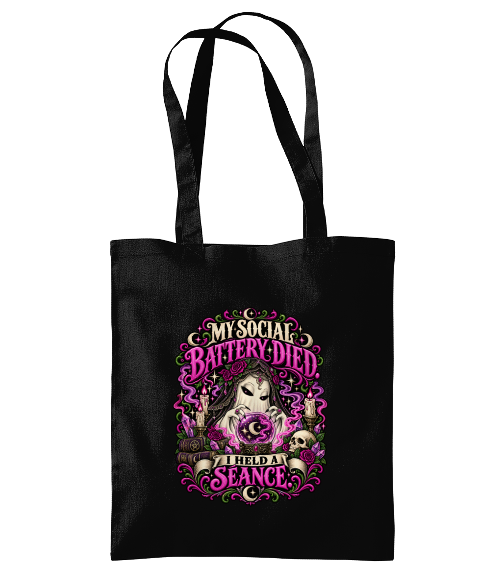 Séance gothic artwork on a black cotton tote bag