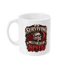 Surviving Purely Out of Spite mug with crowned skull and red roses