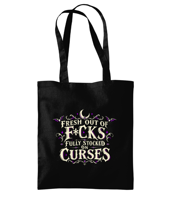 Fully Stocked on Curses black tote with enhanced print artwork