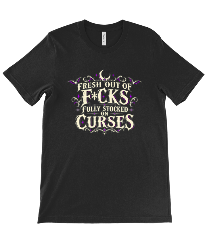 Fully Stocked on Curses black T-shirt with 28cm raised print